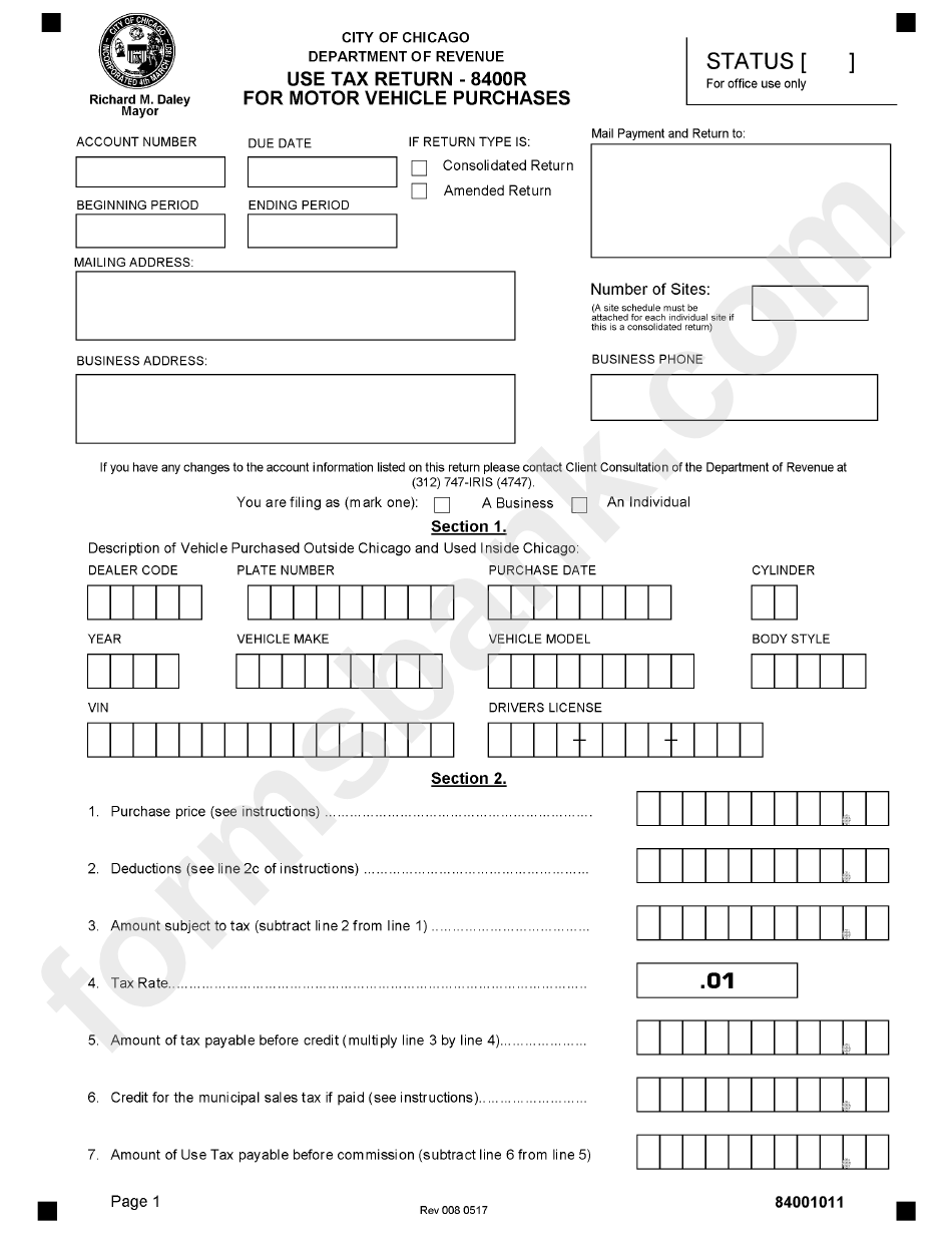 Form 8400r - Use Tax Return For Motor Vehicle Purchases