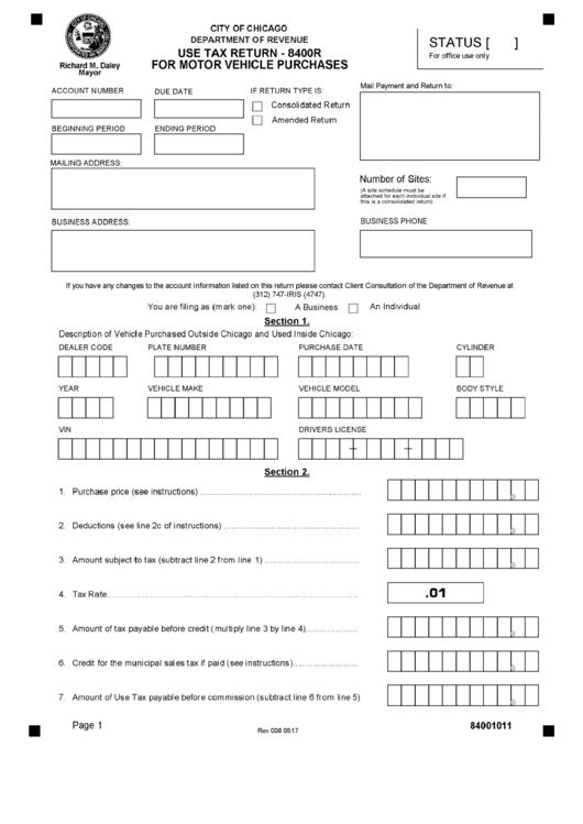 Form 8400r - Use Tax Return For Motor Vehicle Purchases Printable pdf