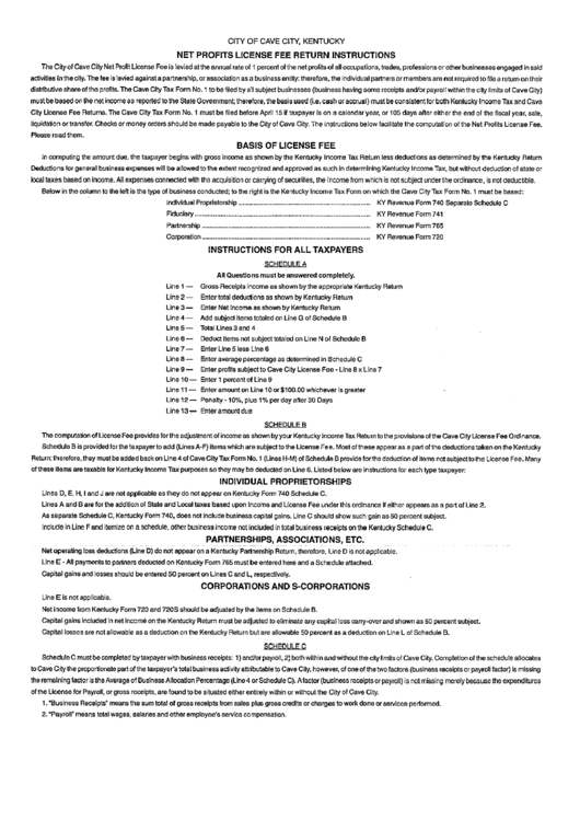 City Of Cave City, Kentucky Net Profits License Fee Return Instructions Printable pdf