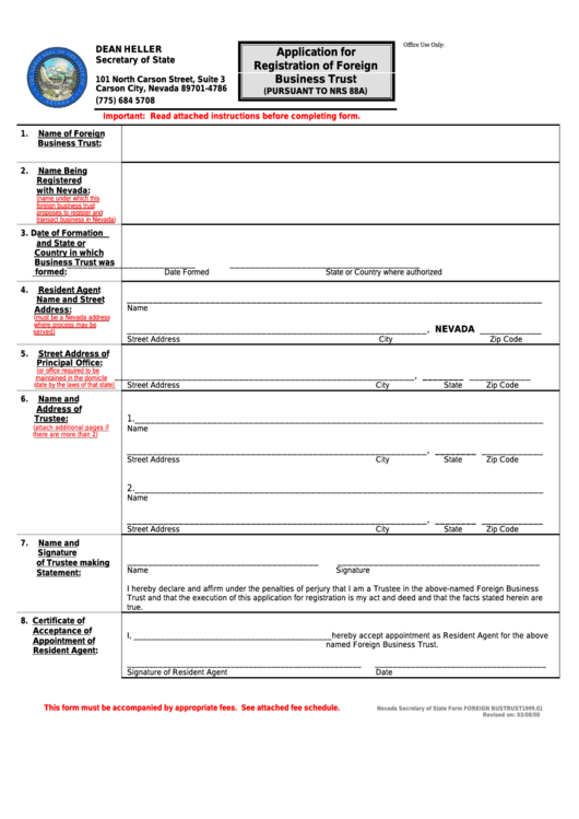 Form Foreign Bustrust1999.01 - Application For Registration Of Foreign Business Trust - Nevada Secretary Of State Printable pdf