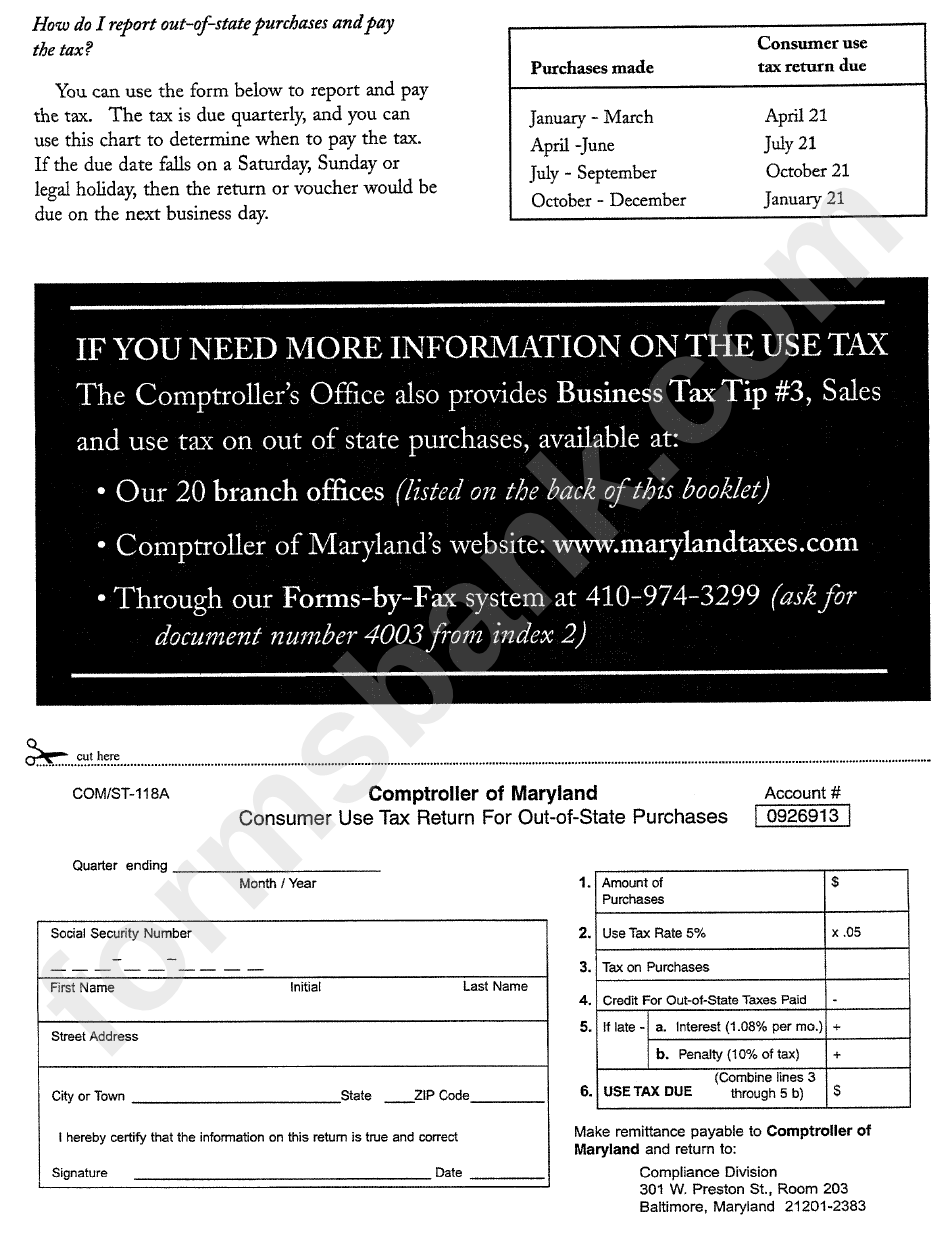 Form Com/st-118a - Consumer Use Tax Return For Out-Of-State Purchases