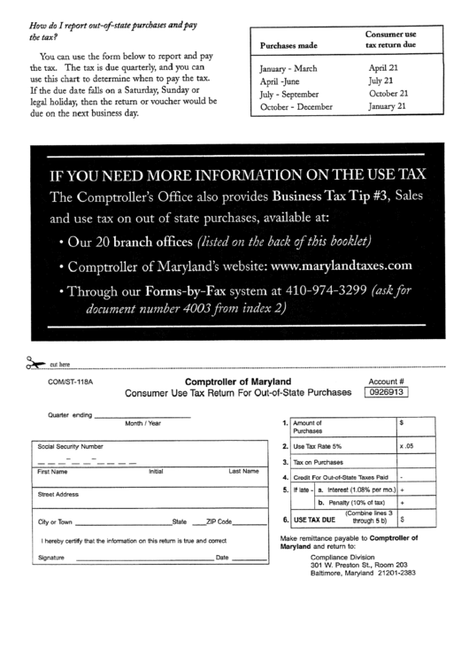 Form Com/st-118a - Consumer Use Tax Return For Out-Of-State Purchases Printable pdf