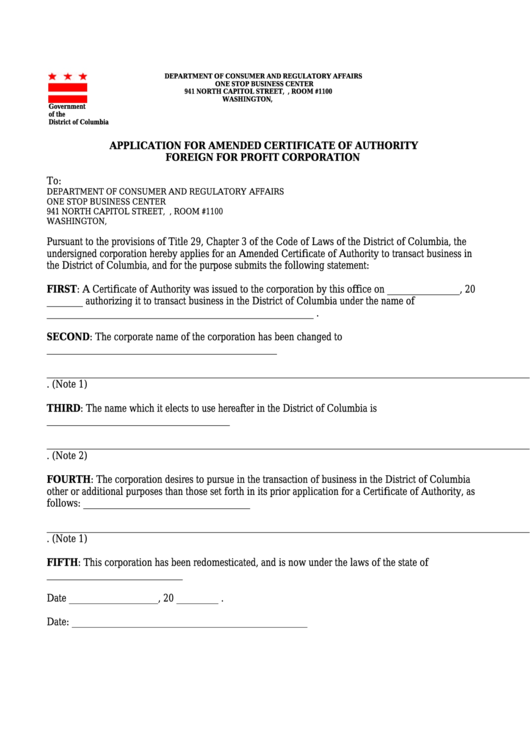 Application For Amended Certificate Of Authority Foreign For Profit Corporation Form Printable pdf