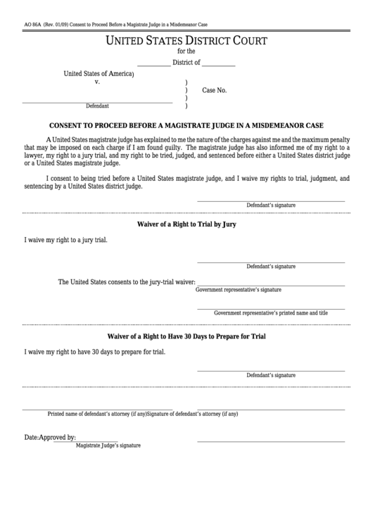 Fillable Form Ao 86a - Consent To Proceed Before A Magistrate Judge In A Misdemeanor Case Printable pdf