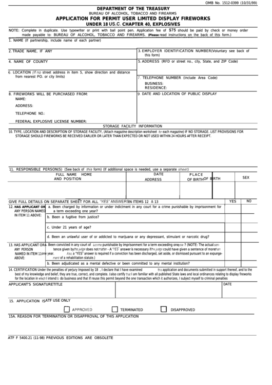 Form Atf F 5400.21 - Application For Permit User Limited Display Fireworks Printable pdf