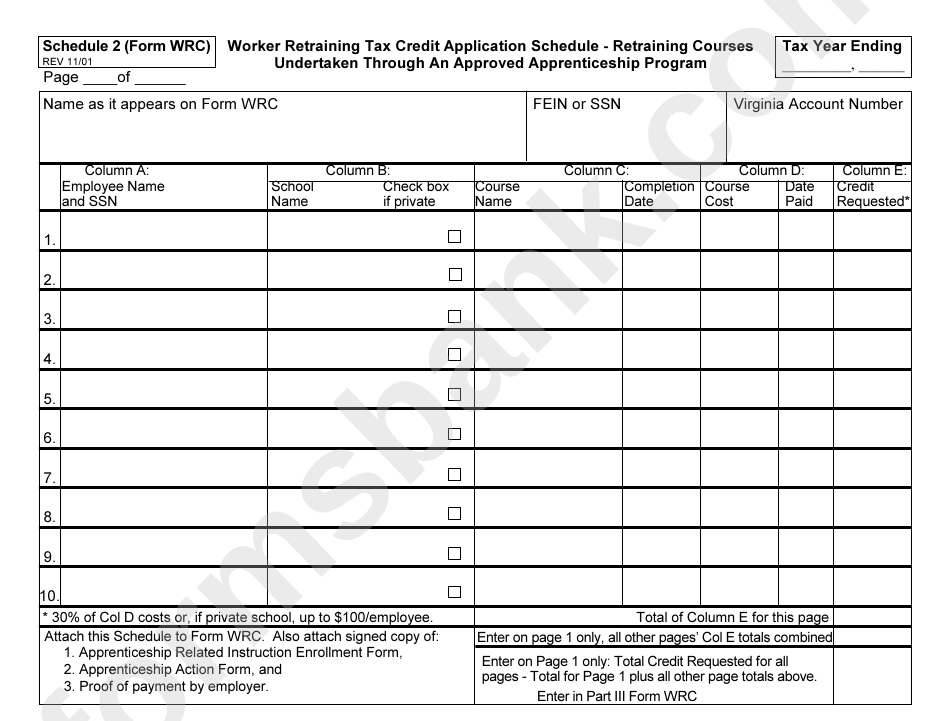 Schedule 2 (Form Wrc) - Worker Retraining Tax Credit Application Schedule