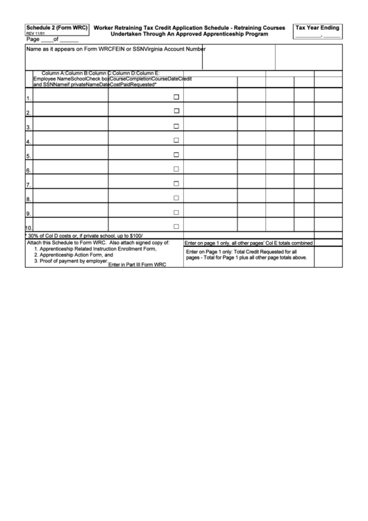 Schedule 2 (Form Wrc) - Worker Retraining Tax Credit Application Schedule Printable pdf