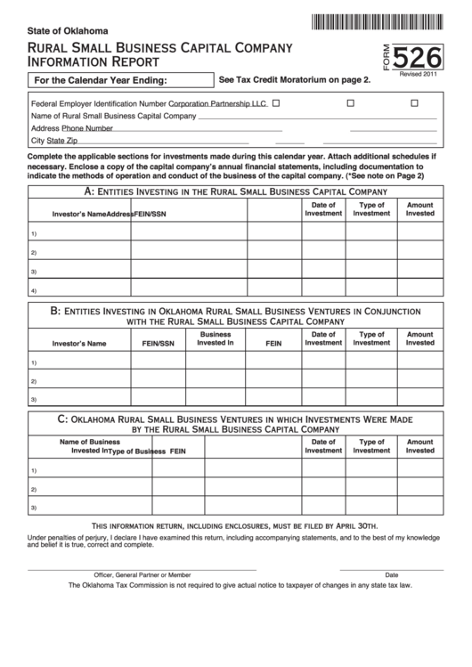 Fillable Form 526 - Rural Small Business Capital Company Information Report Printable pdf