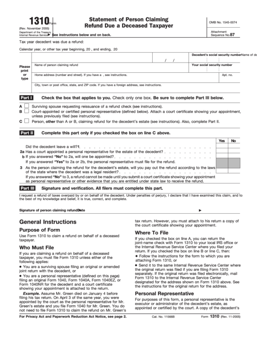 Fillable Form 1310 - Statement Of Person Claiming Refund Due A Deceased Taxpayer Printable pdf