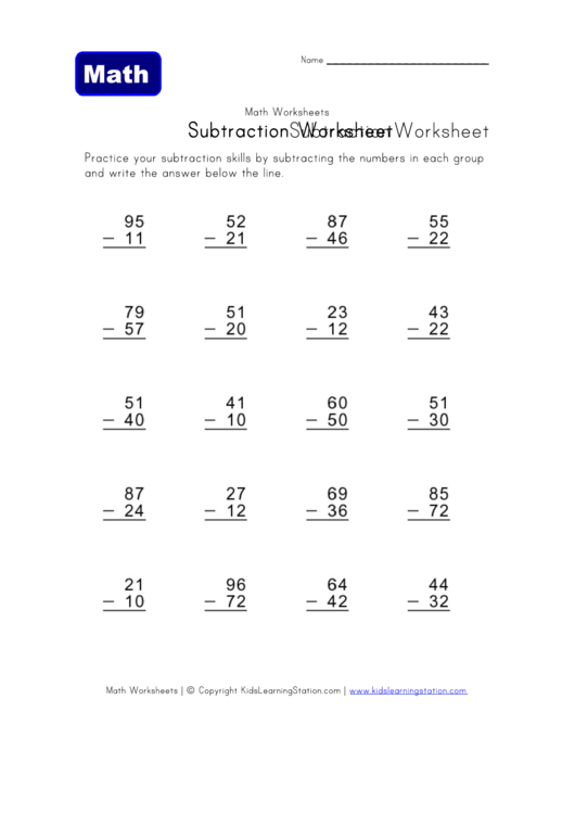 Subtraction Math Worksheet Printable pdf