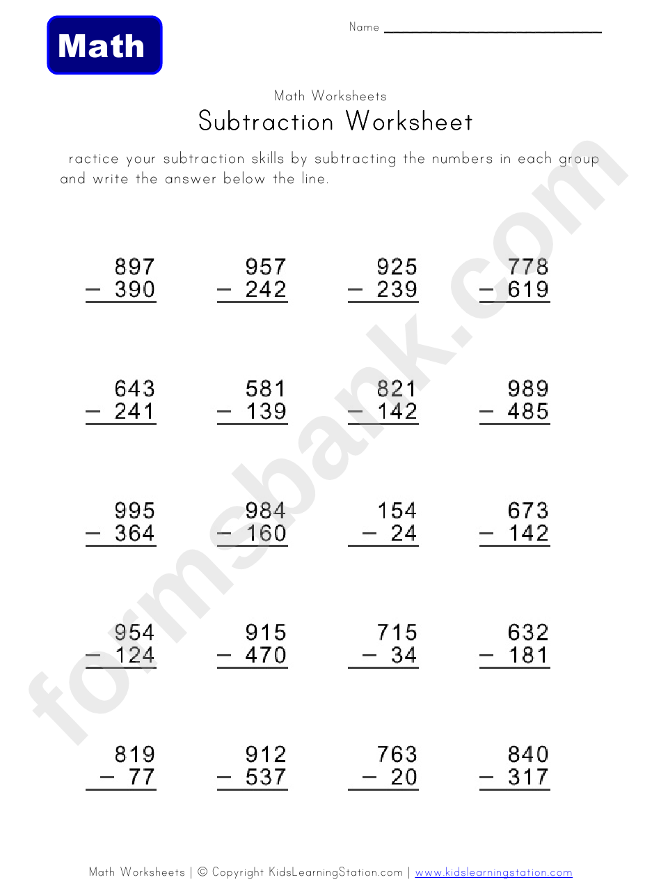 Subtraction Math Worksheet