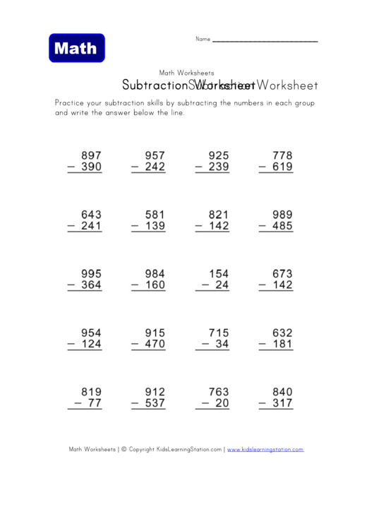 Subtraction Math Worksheet Printable pdf