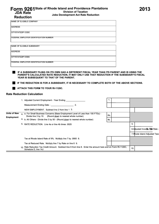Fillable Form 9261 - Jobs Development Act Rate Reduction - 2013 Printable pdf