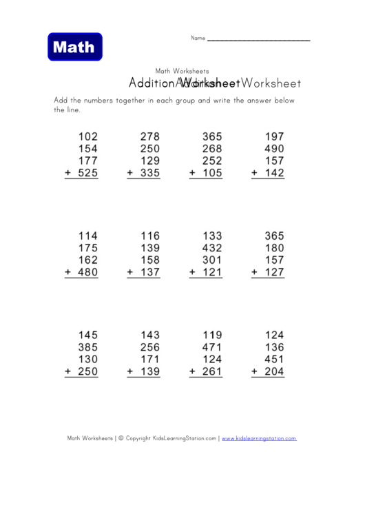 Addition Math Worksheet printable pdf download