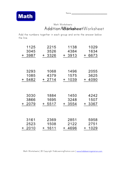 Addition Math Worksheet printable pdf download