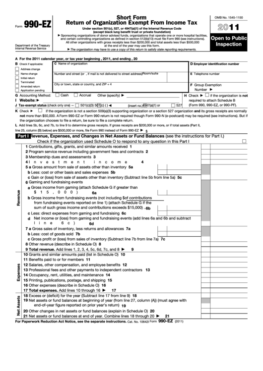 Fillable Form 990-Ez - Short Form Return Of Organization Exempt From Income Tax - 2011 Printable pdf