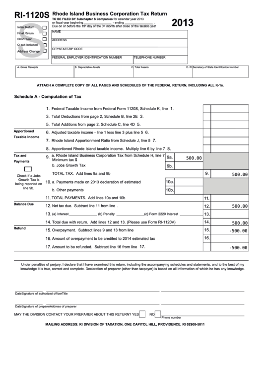 Fillable Form Ri-1120s - Rhode Island Business Corporation Tax Return - 2013 Printable pdf