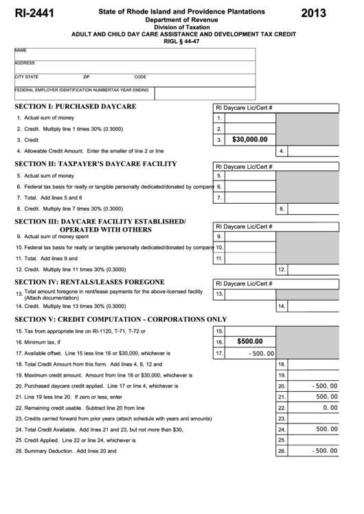 Fillable Form Ri-2441 - Adult And Child Day Care Assistance And Development Tax Credit - 2013 Printable pdf