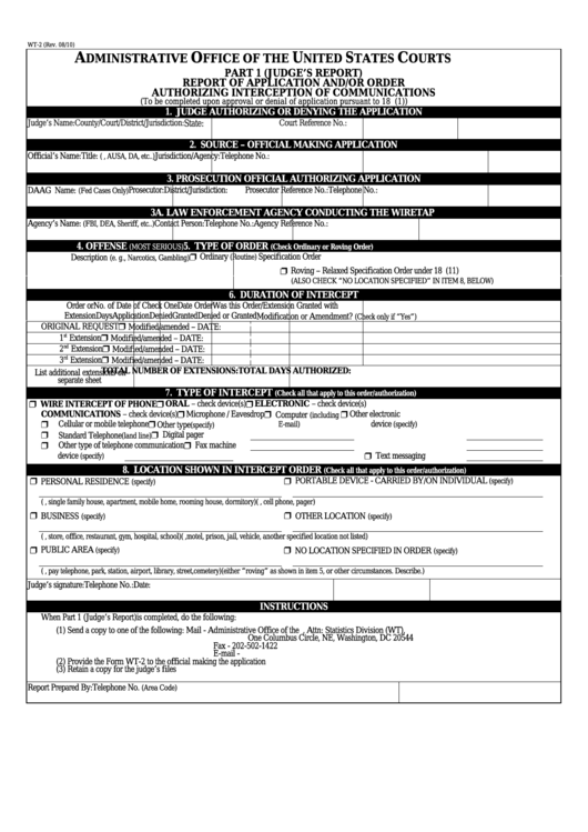 Fillable Form Wt-2 - Report Of Application And/or Order Authorizing Interception Of Communications Printable pdf