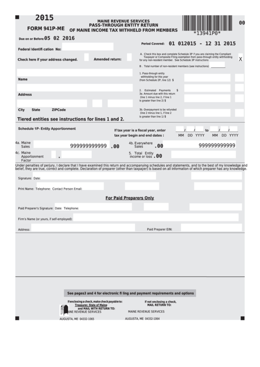 Form 941p-Me - Pass-Through Entity Return Of Maine Income Tax Withheld From Members - 2015 Printable pdf