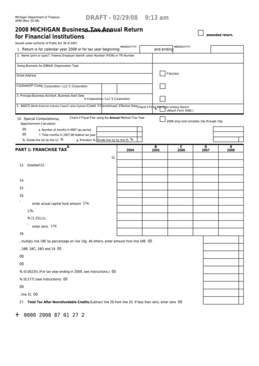 Form 4590 Draft - Michigan Business Tax Annual Return For Financial Institutions - 2008 Printable pdf