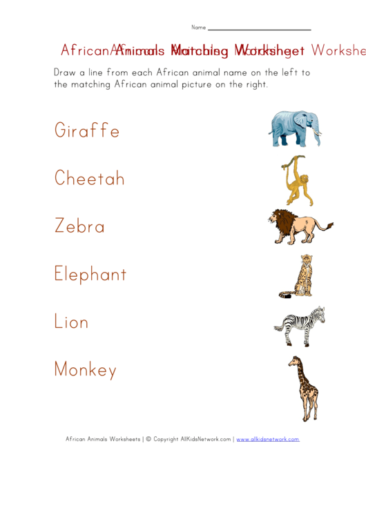 African Animals Matching Worksheet