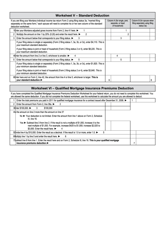 Worksheet V And Vi - Standard Deduction And Qualified Mortgage Insurance Premiums Deduction Printable pdf