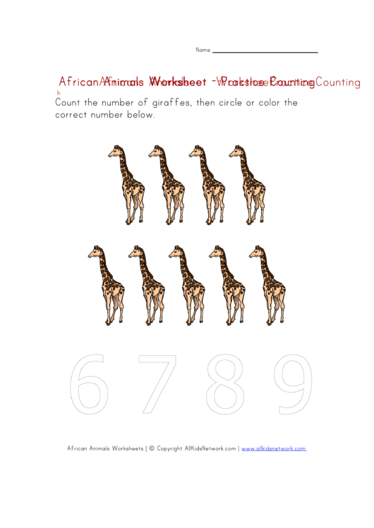 African Animals (Giraffes) Counting To Nine Worksheet Printable pdf