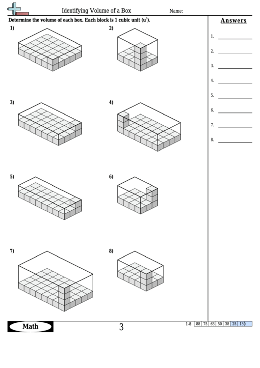 Identifying Volume Of A Box Math Worksheet With Answers Printable pdf
