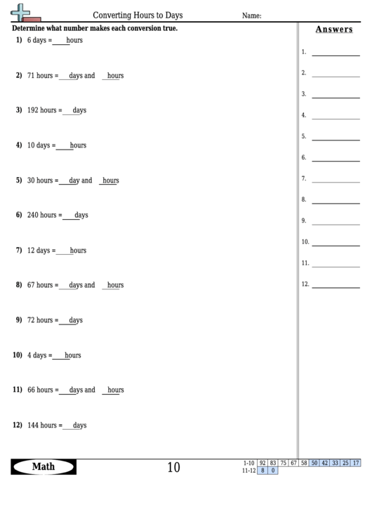 Converting Hours To Days Math Worksheet With Answers Printable pdf