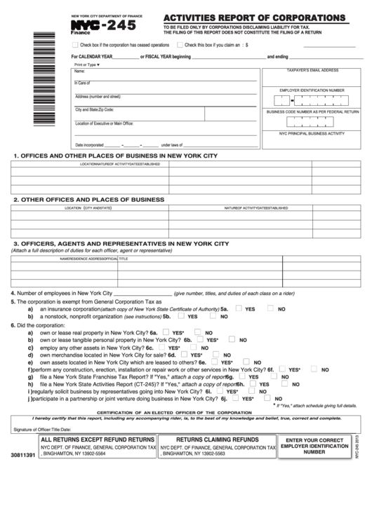 Form Nyc-245 - Activities Report Of Corporations Printable pdf