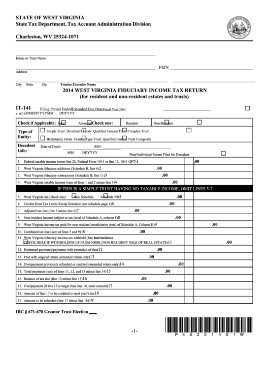 Form It-141 - West Virginia Fiduciary Income Tax Return (For Resident And Non-Resident Estates And Trusts) - 2014 Printable pdf