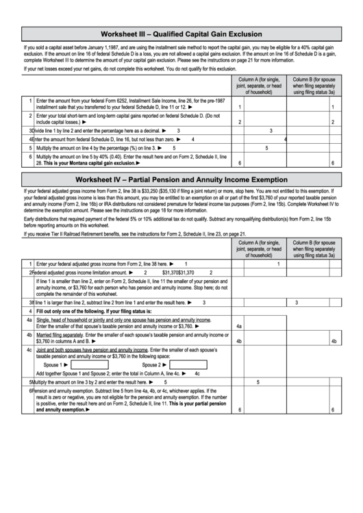 Worksheet Iii And Iv- Qualified Capital Gain Exclusion And Partial Pension And Annuity Income Exemption Printable pdf
