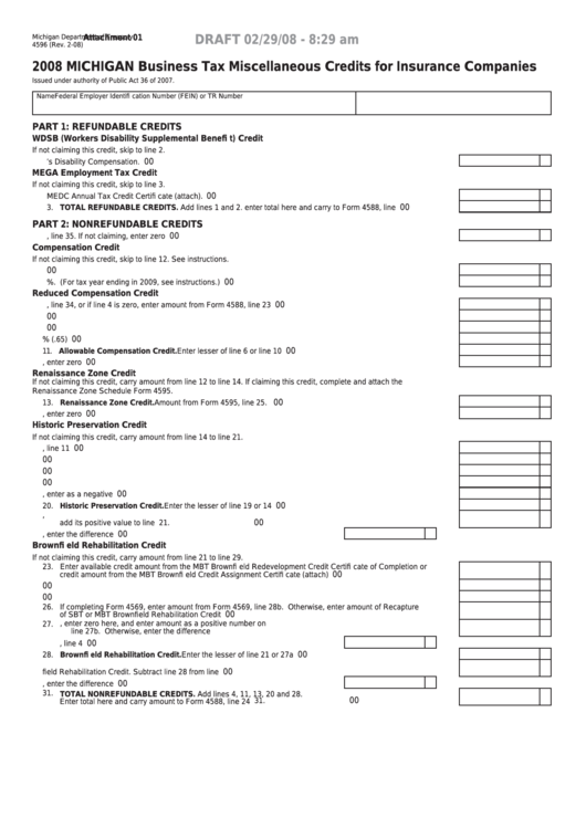 Fillable Form 4596 Draft - Michigan Business Tax Miscellaneous Credits For Insurance Companies - 2008 Printable pdf