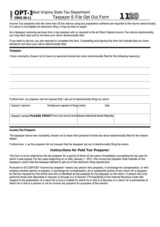 Form Opt-1 - Taxpayer E-File Opt Out Form - 2011 Printable pdf
