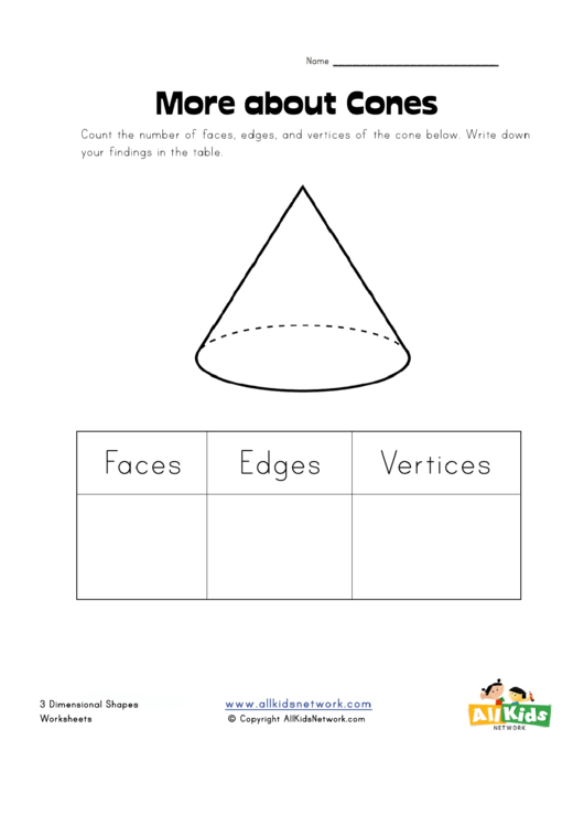 More About Cones - 3 Dimensional Shapes Worksheet Printable pdf