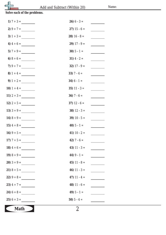 Add And Subtract (Within 20) Math Worksheet With Answers Printable pdf