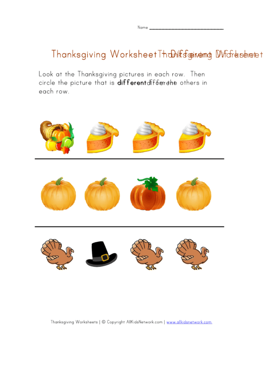 Thanksgiving Different Worksheet Printable pdf