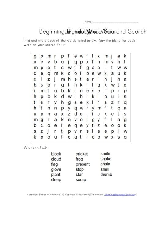 Beginning Blends Word Search Worksheet printable pdf download