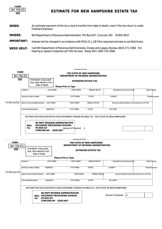 Form Nh 706-Es 162 - Estimate For New Hampshire Estate Tax Printable pdf