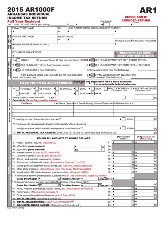 Fillable Form Ar1000f - Arkansas Individual Income Tax Return Full Year Resident - 2015 Printable pdf