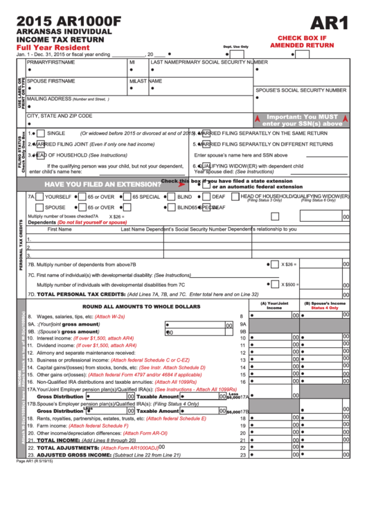 Fillable Form Ar1000f Arkansas Individual Income Tax Return Full Year 