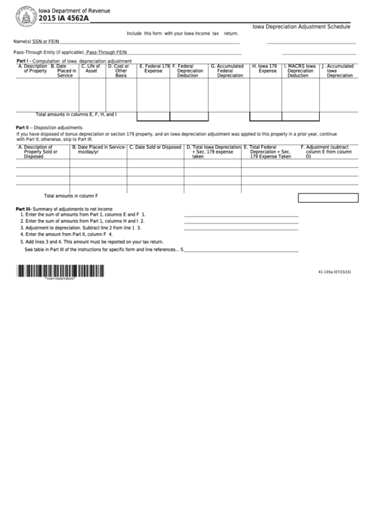 Fillable Form Ia 4562a - Iowa Depreciation Adjustment Schedule - 2015 Printable pdf