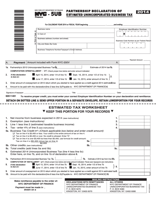 Fillable Form Nyc-5ub - Partnership Declaration Of Estimated Unincorporated Business Tax - 2014 Printable pdf