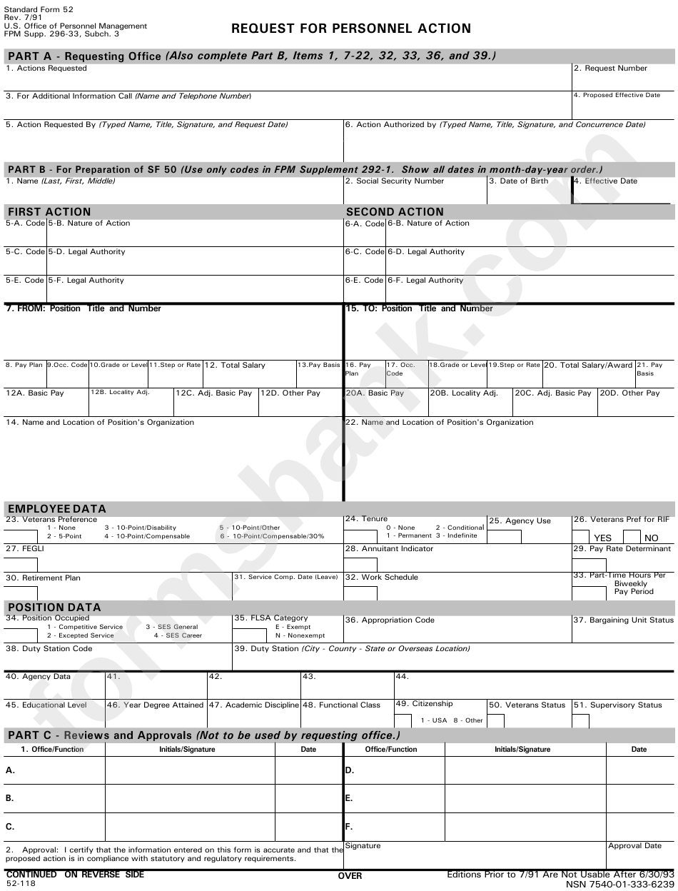 Standard Form 52 - Request For Personnel Action