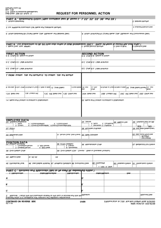 Fillable Standard Form 52 - Request For Personnel Action Printable pdf