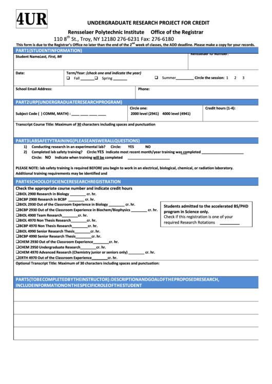 Form 4ur - Undergraduate Research Project (Urp) Research Registration Form Printable pdf