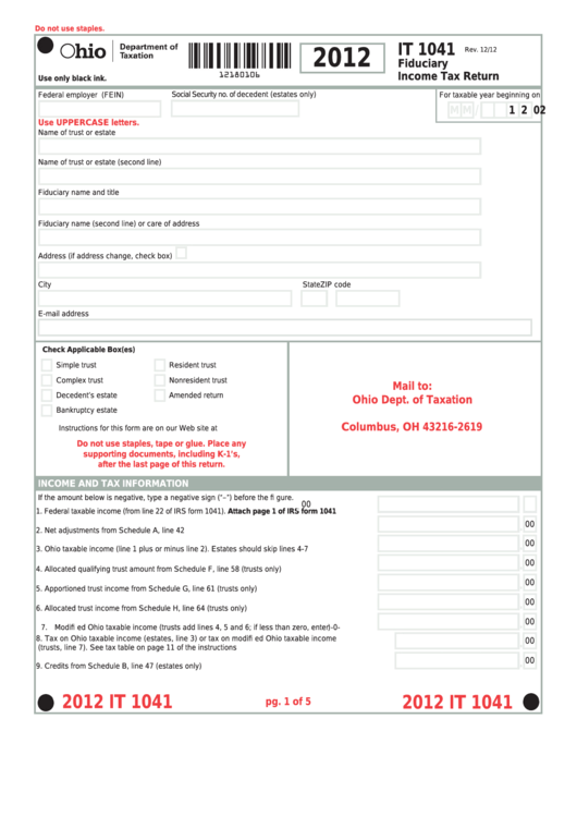 Fillable Form It 1041 - Fiduciary Income Tax Return - 2012 Printable pdf