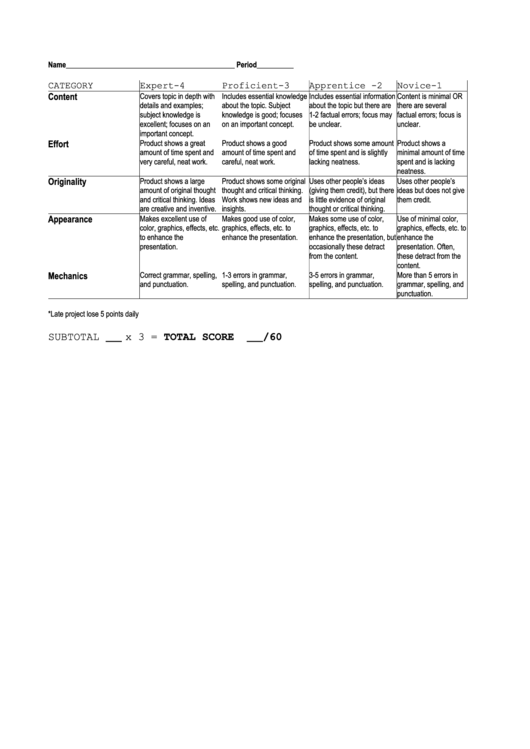 Generic Project Rubric Template Printable pdf