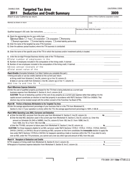 Fillable California Form 3809 - Targeted Tax Area Deduction And Credit Summary - 2011 Printable pdf